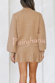 Solid Color Round Neck Puff Sleeve Loose Knit Sweater and Casual Striped Mini Skirt Set