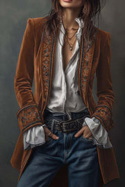 Gold Velvet Patchwork Printed Edge Long-sleeved Casual Jacket