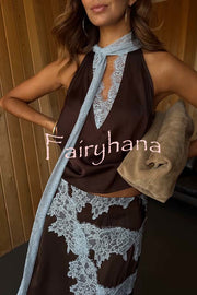 Sunday Social Contrast Color Satin Lace Trim Neck Strap Loose Tank