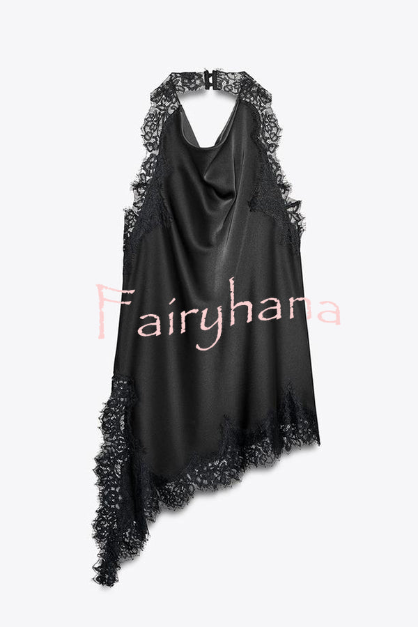 Dolly Satin Lace Trim Halter Cowl Neck Asymmetric Hem Tank