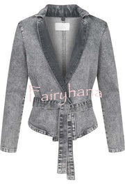 Casual Meetup Denim Stand Neck Long Sleeve Belted Loose Jacket