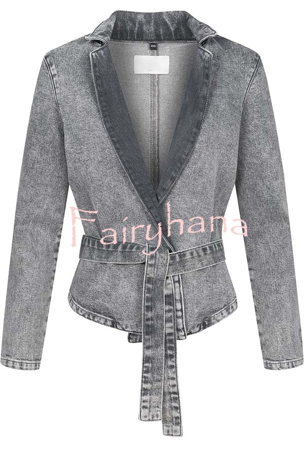 Casual Meetup Denim Stand Neck Long Sleeve Belted Loose Jacket
