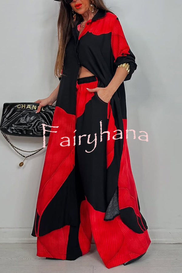 Unique Printed Casual Loose Long Shirt and Elastic Waist Pocket Wide Leg Pants Set