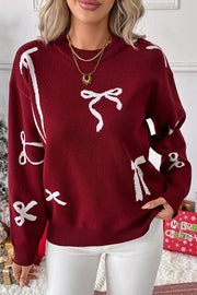 Christmas Bow Round Neck Long Sleeve Loose Knitted Sweater