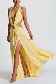 Kinara Leopard Print Deep V-neck Metal Flower Hollow Beads Detail Slit Maxi Dress