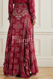 Unique Printed Chiffon Long-sleeved Loose Shirt and Elegant Ruffled Maxi Skirt Set