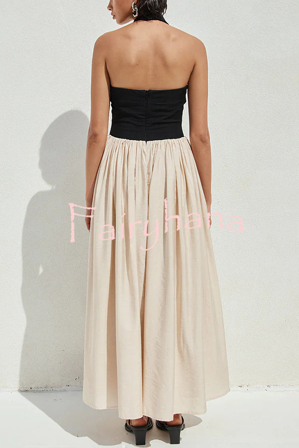 Fashion Contrast Color Stitching Sleeveless Backless Slim Maxi Dress