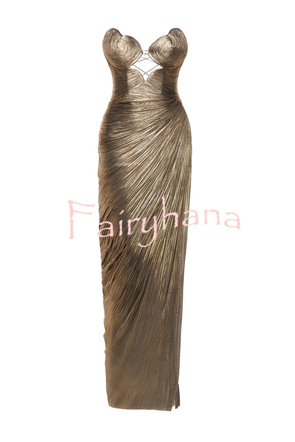 Amisha Metallic Pleated Shell Cups Hollow Gold Pendant Strapless Drape Slit Maxi Dress