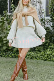 Solid Color Round Neck Puff Sleeve Loose Knit Sweater and Casual Striped Mini Skirt Set