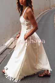 Bohemian Square Neck Pocket Tassel Holiday Maxi Dress