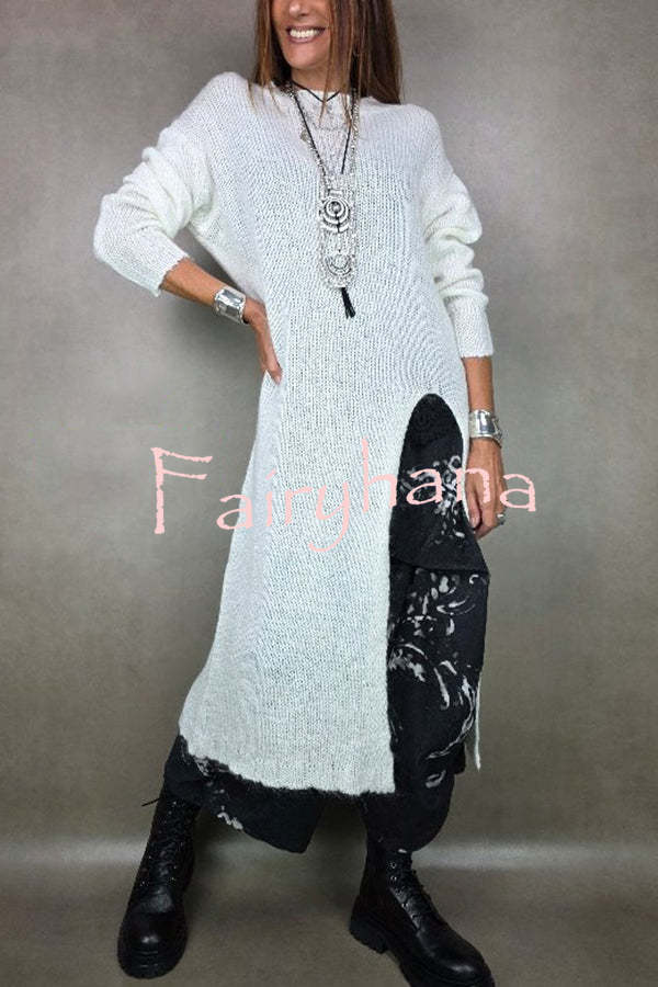 Solid Color Knitted Long-sleeved Casual Slit Midi Dress