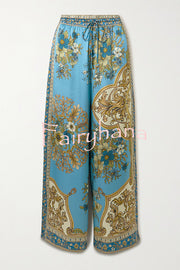 Satin Floral Print Loose Shirt and Elastic Waist Pocket Casual Wide-leg Pants