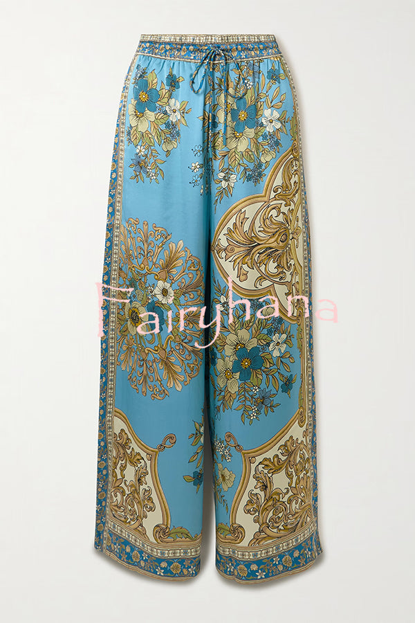 Satin Floral Print Loose Shirt and Elastic Waist Pocket Casual Wide-leg Pants