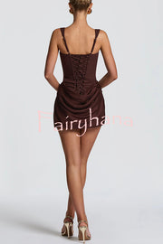 Cornelia Square Neck Back Lace-up Satin Drape Hem Mini Dress