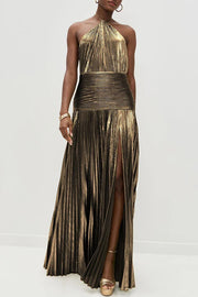 Glamorous Metallic Pleated Fabric Open Back Halter Slit Maxi Dress