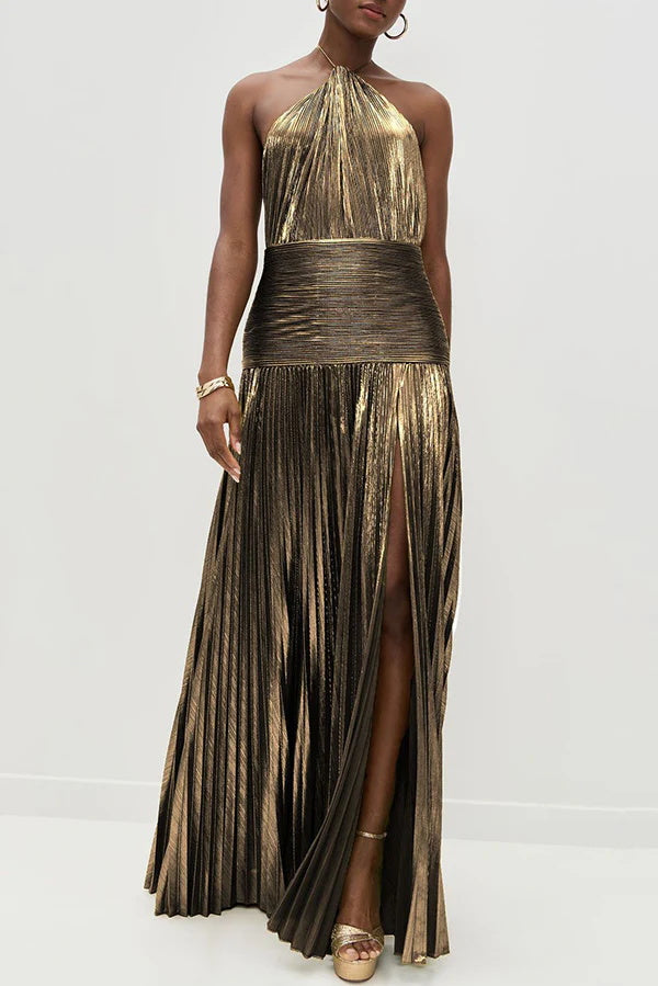 Glamorous Metallic Pleated Fabric Open Back Halter Slit Maxi Dress