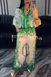 Unique Printed Casual Long-sleeved Loose Top and Elastic Waist Pocket Wide-leg Pants Set