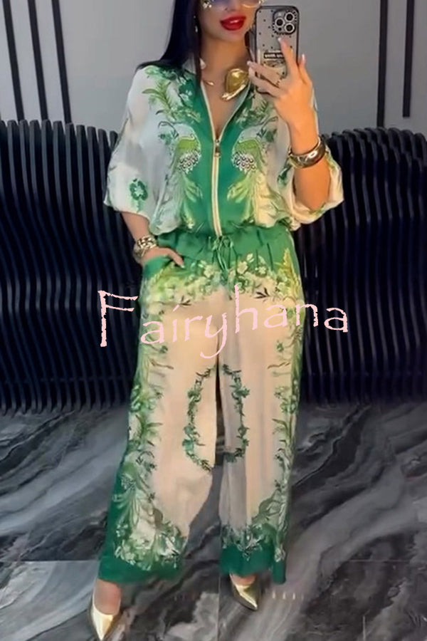 Unique Printed Casual Long-sleeved Loose Top and Elastic Waist Pocket Wide-leg Pants Set