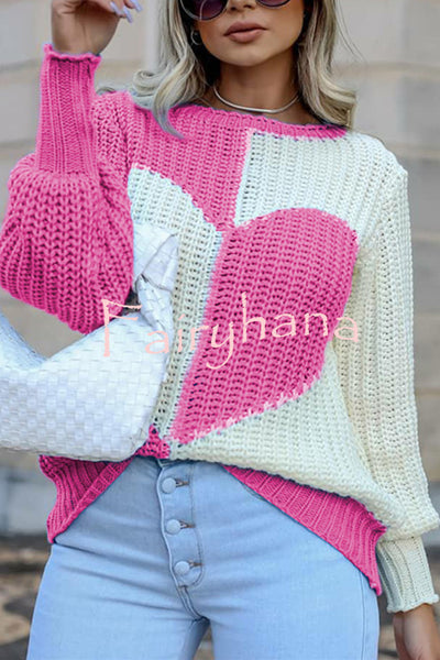 Round Neck Bell Sleeves Heart Contrast Knitted Long Sleeved Sweater