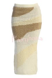 Soft Autumn Knit Colorblock High Rise Elastic Waistband Stretch Midi Skirt