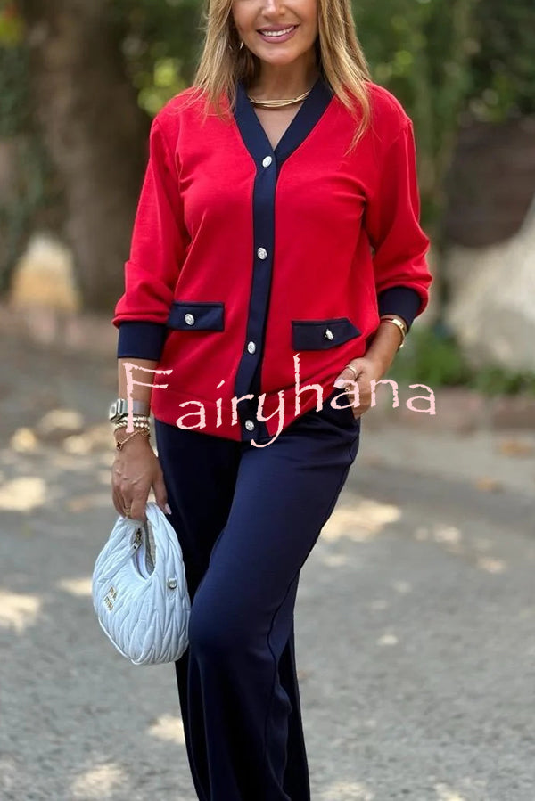 Stylish Color-blocked V-neck Knitted Button-down Cardigan and Elastic Waist Casual Wide-leg Pants Set