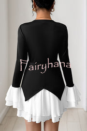 Fashionable Contrast Color Panel Long Sleeve Ruffled Mini Dress