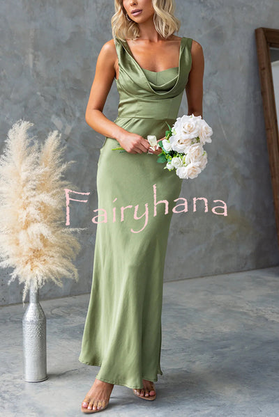Chic Muse Satin Solid Color Cowl Neck Back Tie-up Maxi Dress
