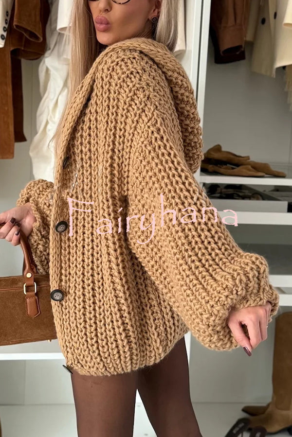 Warm Day Knit Button Up Long Balloon Sleeve Hooded Loose Cardigan