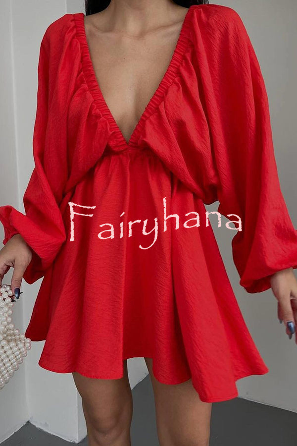 V Neck Puff Sleeve Solid Color Resort Style Mini Dress