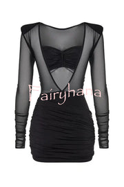 Sexy Mesh See-through Long-sleeved Backless Pleated Rompers