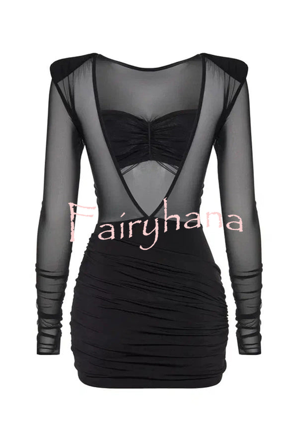 Sexy Mesh See-through Long-sleeved Backless Pleated Rompers