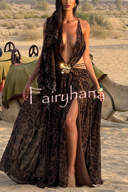 Kinara Leopard Print Deep V-neck Metal Flower Hollow Beads Detail Slit Maxi Dress