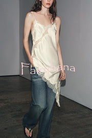 Satin Lace Trim V-neck Asymmetrical Hem Slip Mini Dress