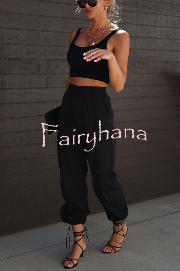Let’s Rewind Nylon Elastic Waist Pocketed Cargo Pants