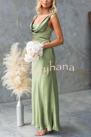 Chic Muse Satin Solid Color Cowl Neck Back Tie-up Maxi Dress