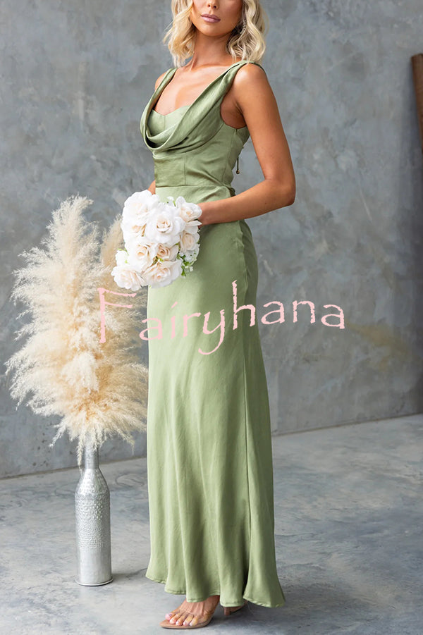 Chic Muse Satin Solid Color Cowl Neck Back Tie-up Maxi Dress