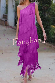 Stylish Fringed One Shoulder Asymmetric Midi Dress