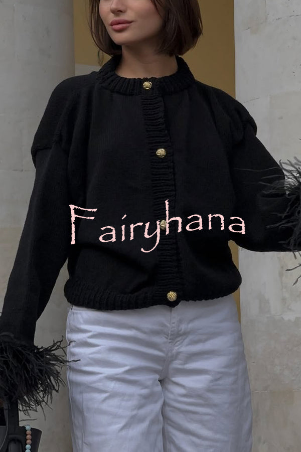 Solid Color Elegant Feather Long Sleeve Casual Knitted Cardigan