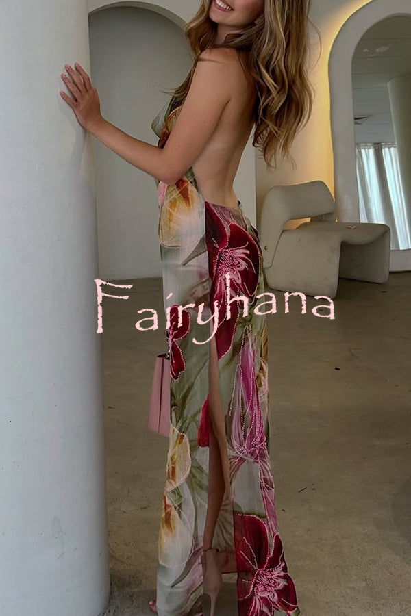 Floral Print Sexy Backless Slit See-Through Holiday Maxi Dress