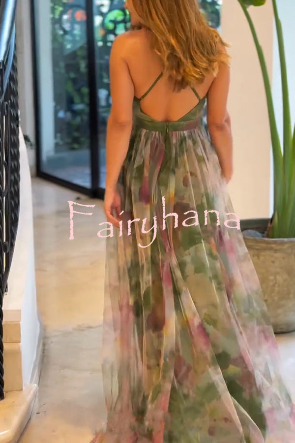 Kerrie Tulle Render Floral Print Cross Back Straps Maxi Dress