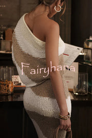 Soft Autumn Knit Colorblock One Shoulder Sleeve Ribbed Trim Loose Sweater