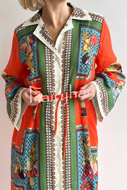 Linen Blend Unique Print Tie-waist Casual Maxi Dress