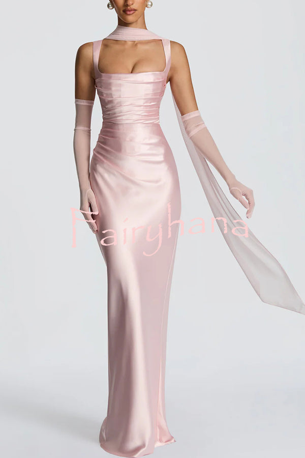Calanthe Satin Square Neck Ruched Back Lace-up Drape Mesh Scarf Maxi Dress