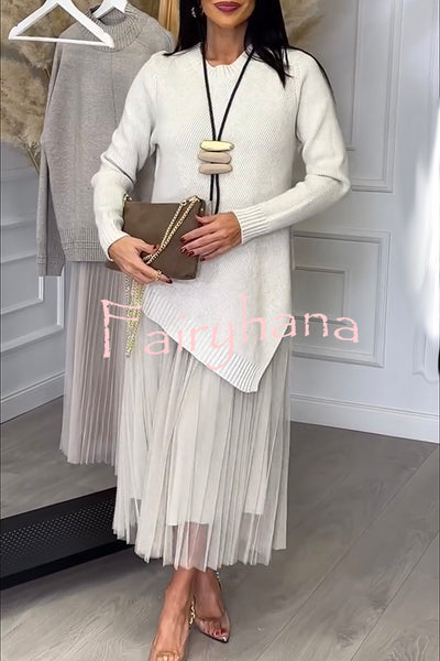 Jensine Ribbed Knit Long Sleeve Irregular Hem Loose Sweater