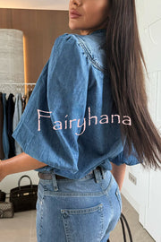 Fashion V-neck Button-down Lantern Sleeve Casual Denim Shirt