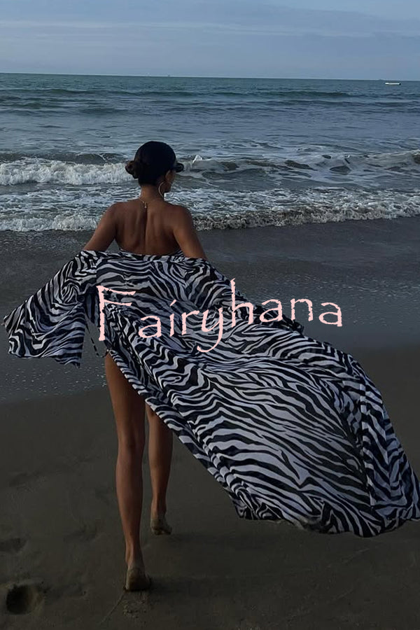 Marsie Zebra-print Elastic Drawstring Waist Long Bell Sleeve Cover-up Kimono