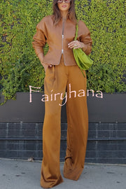 Pop of Brown Faux Leather Double Zipper Detail Balloon Sleeve Lapel Jacket