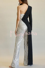 Fashionable Sequined Patchwork One-sided Long-sleeved Asymmetrical Jumpsuit