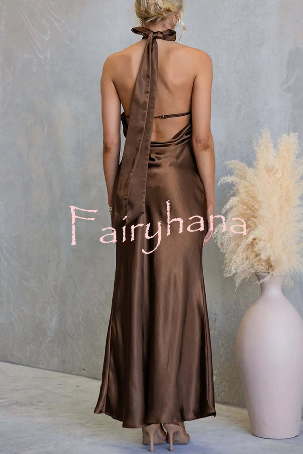 Satin Fashion Halter Backless Slim Elegant Maxi Dress