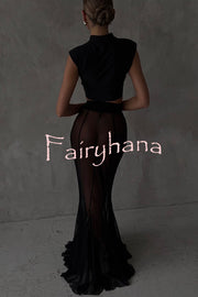 Shes Timeless Mesh High Rise Elastic Waist Fishtail Maxi Skirt